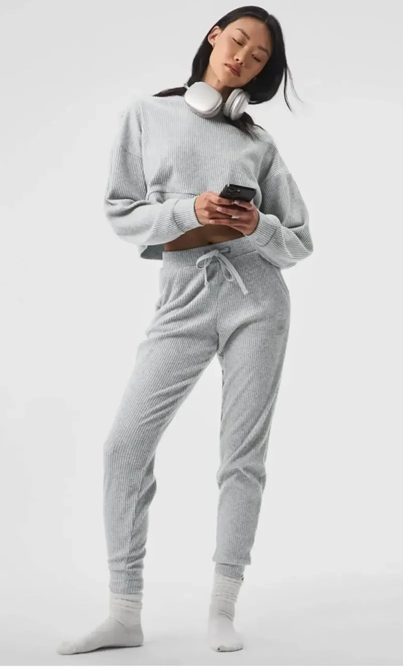 Alo Yoga Tracksuit Women Small Muse Ribbed Hoodie Jogger Gray Sweatpants Lounge